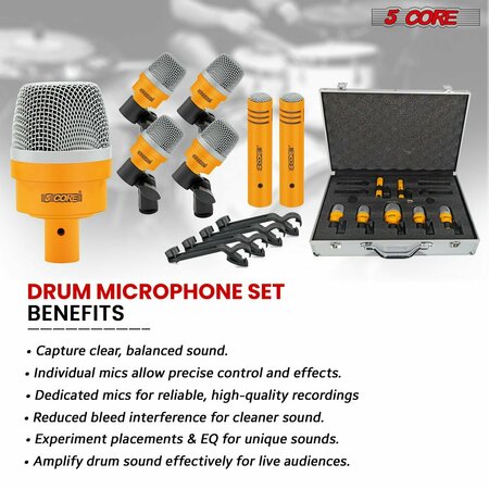 5 Core 5 Core 7 Piece Drum Microphone Kit - Dynamic XLR Mic - Kick Bass Tom Snare Cymbal Set for Drummers DM 7ACC YLW